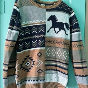 Gymboree Aztec Horse Pattern Sweater in Tan, Navy & Mint